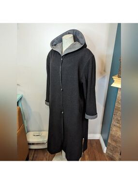 London Fog Wool Hooded trench coat, charcoal black and gray, Plus size 16